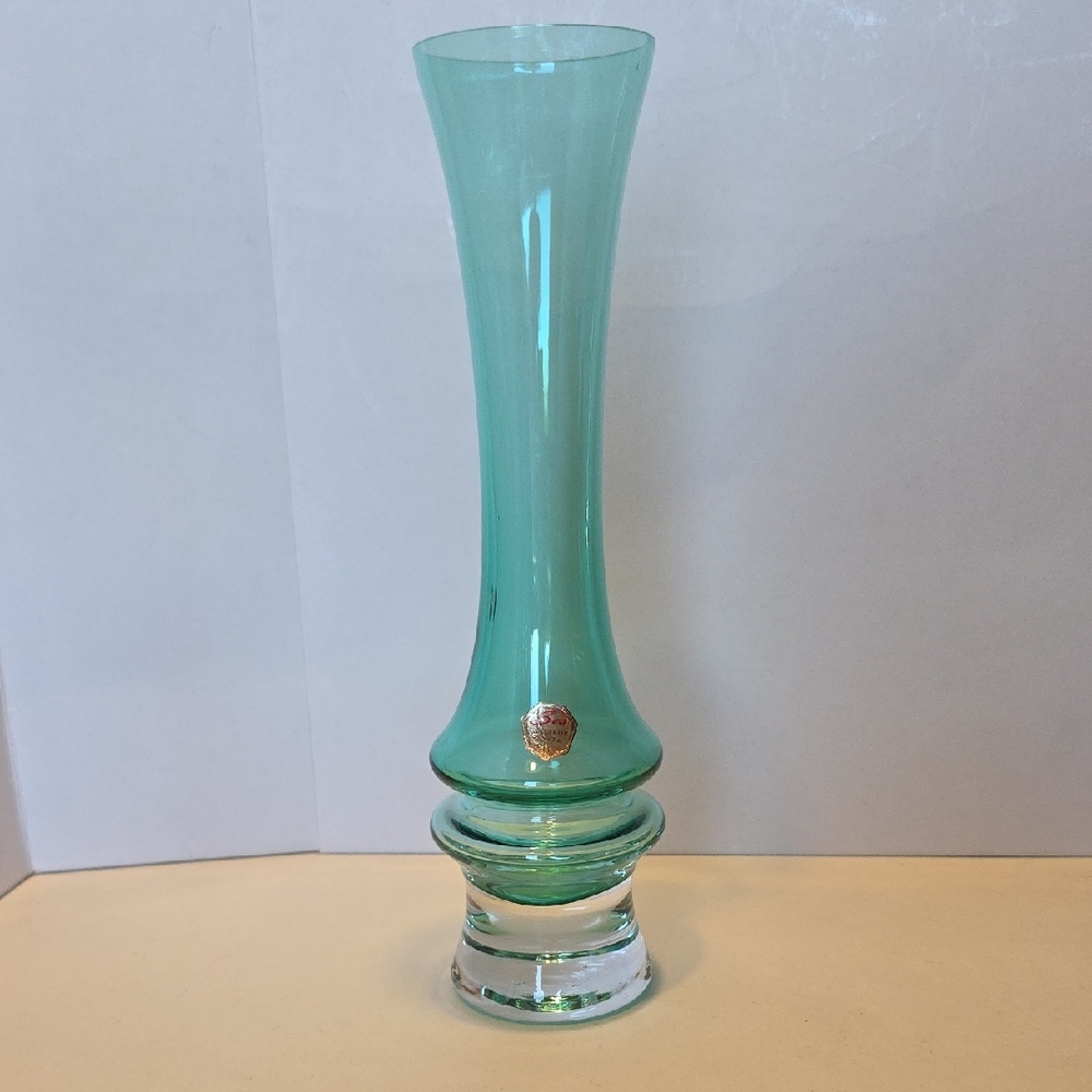 Sea Glasbruk 1960s Swedish Greenish Blue Glass Vase - Labelled